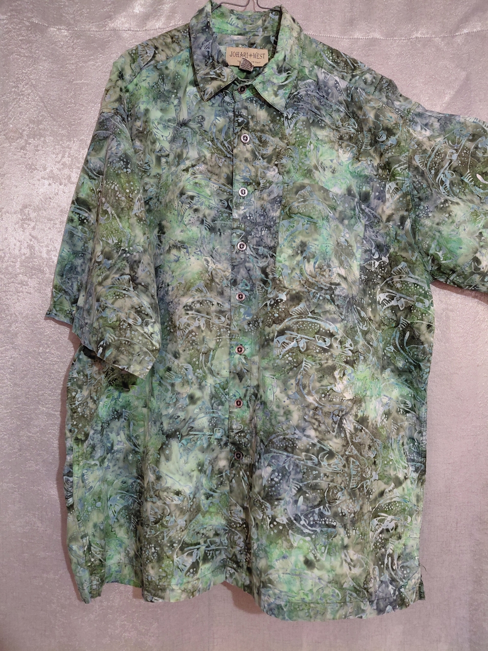 Johari West Men’s Batik Hawaiian Shirt 3XLT Big Tall Green Fish Print Cotton.